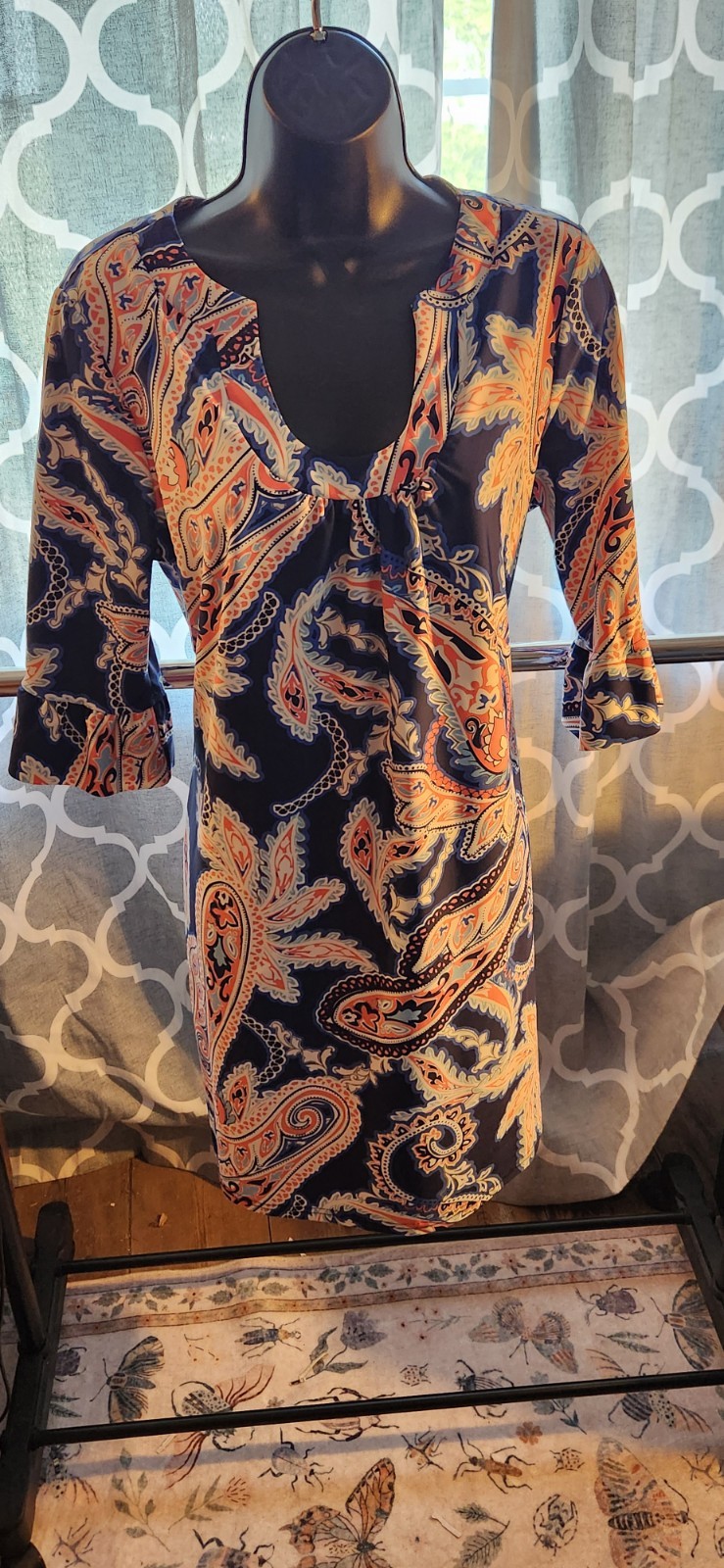 Aryeh Paisley Print V-Neck Sheath Dress Size Medium Nylon Spandex Blue Orange
