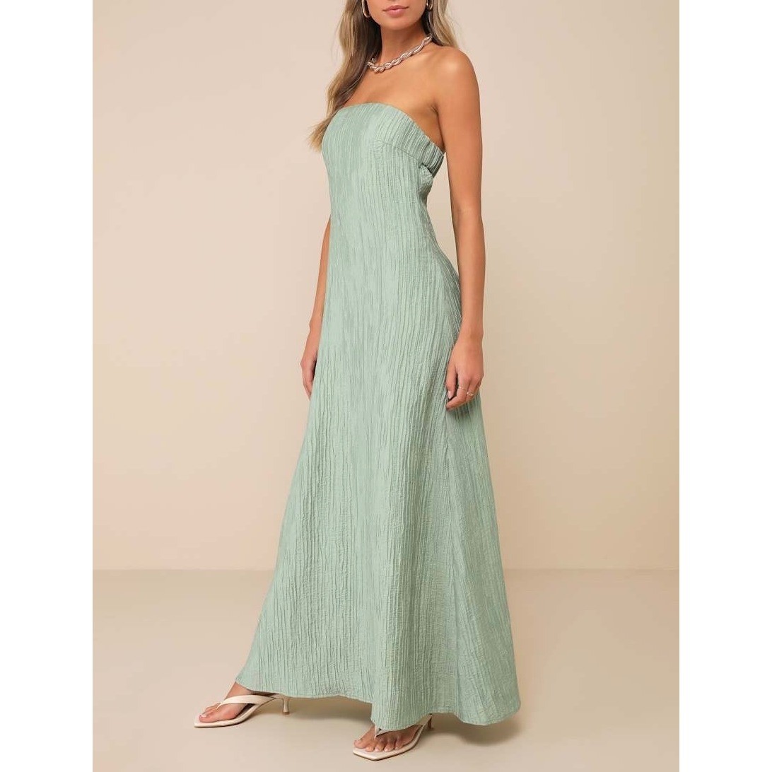 Lulus Maxi Dress Radiant Season Plisse Cutout Strapless NEW Sage Green Medium