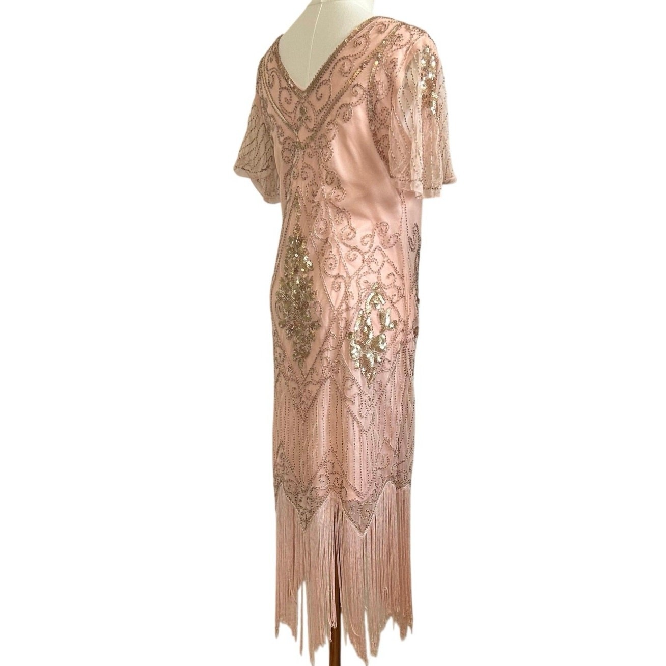 Pink Beaded Sequin Flapper Dress PS Fringe 1920s Style Art Deco Costume Party