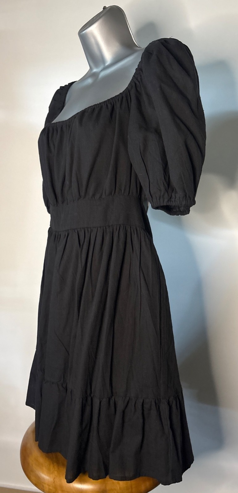 SHEIN Midi Black Backless Cut Out Puff Sleeve Tie Back Smocked Waist Ruffled Hem