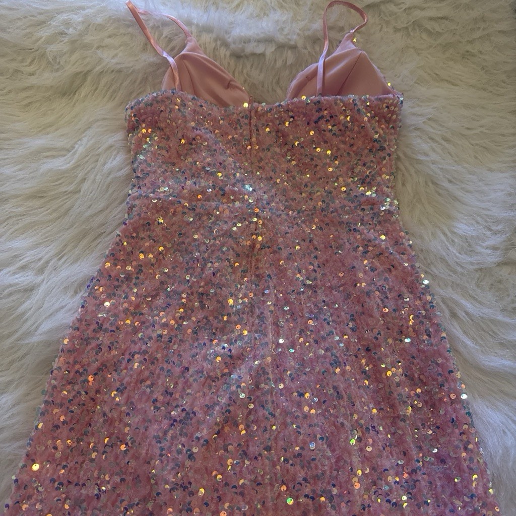 B. Smart Pink Sequin Long Gown V-Neck Spaghetti Straps Slit Juniors 7/8