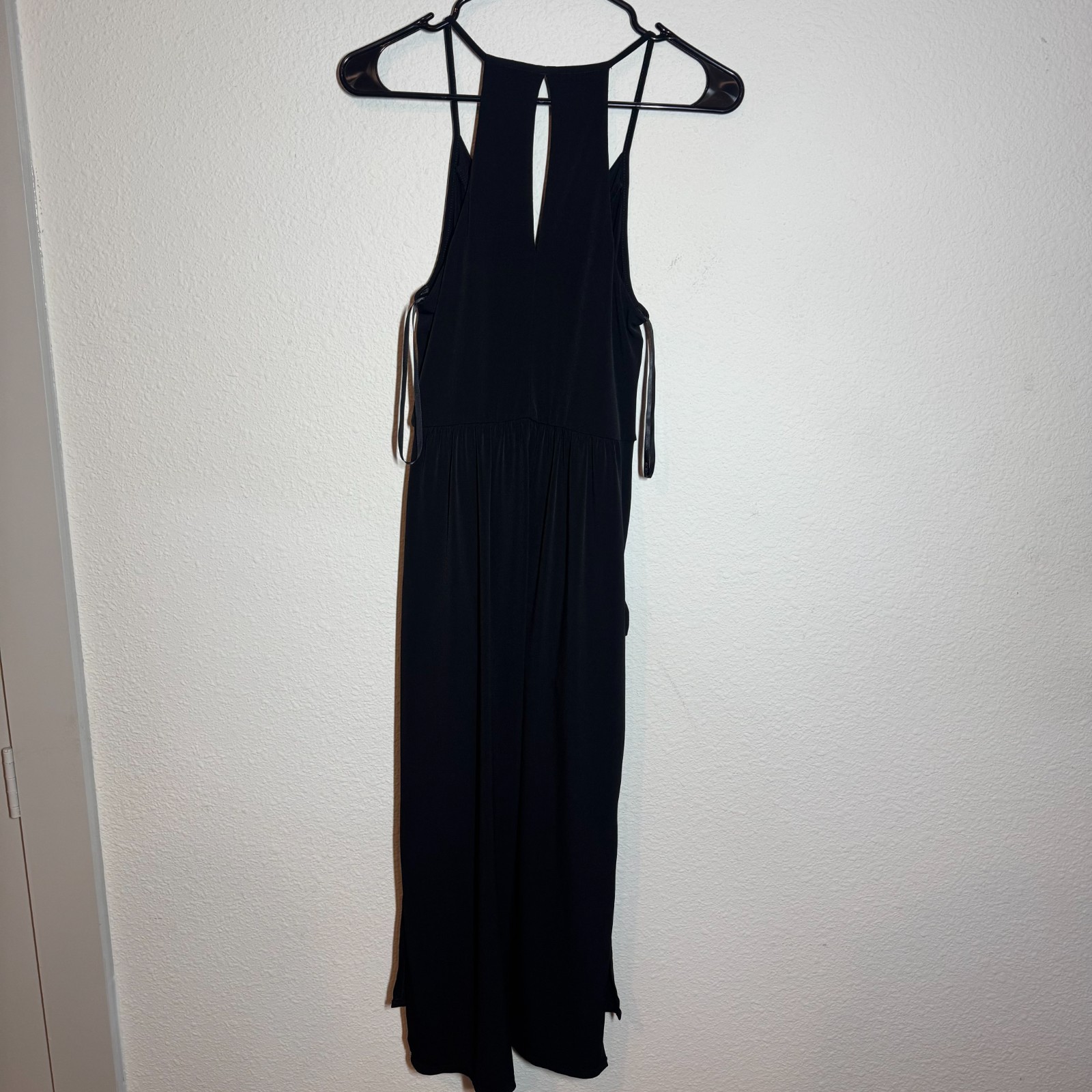 BCBGeneration Midi Dress Women Black Draped Pockets Keyhole Back Spaghetti Strap