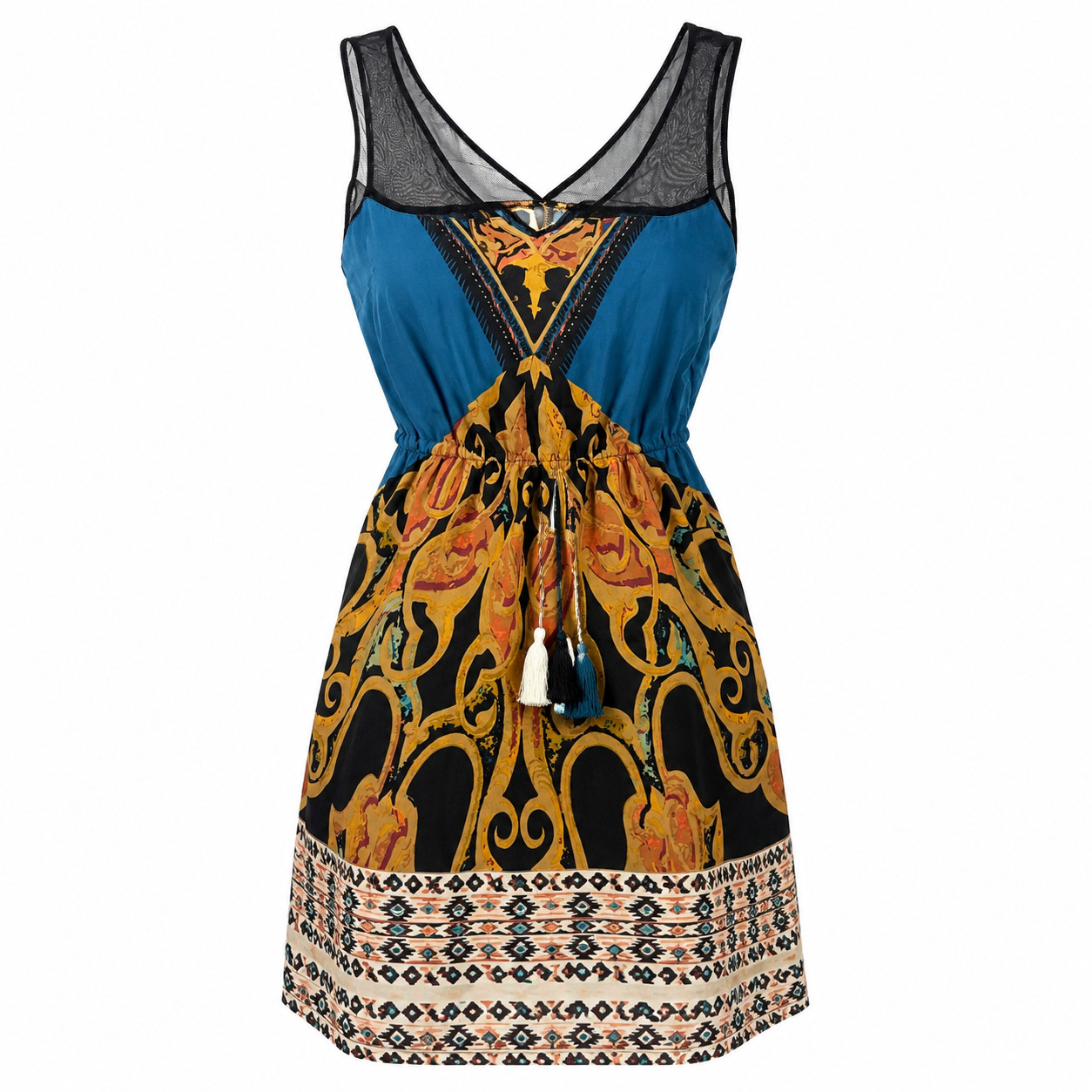 Petticoat Alley NWT Mini Dress Women’s S Teal Black Baroque Print Mesh V-Neck