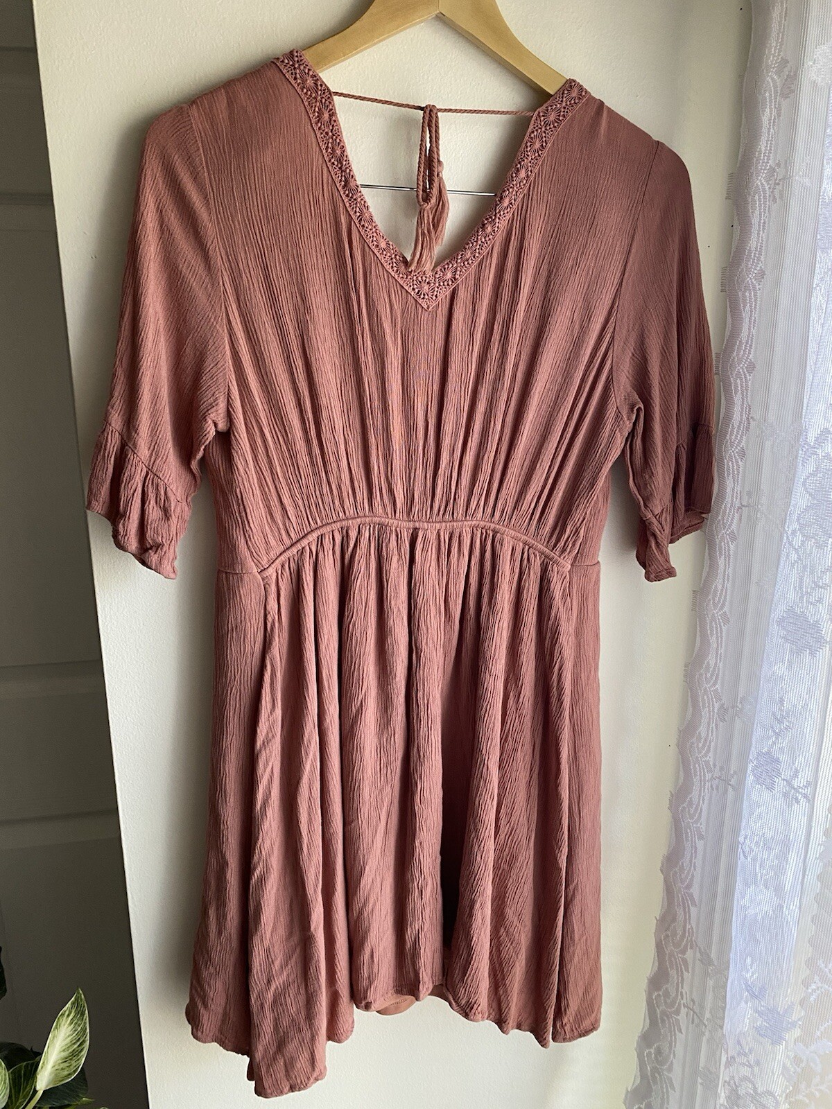 Maurice’s Dusty Rose Lace Mini 3/4 Ruffle Sleeve Dress Gauze Fit & Flare Boho