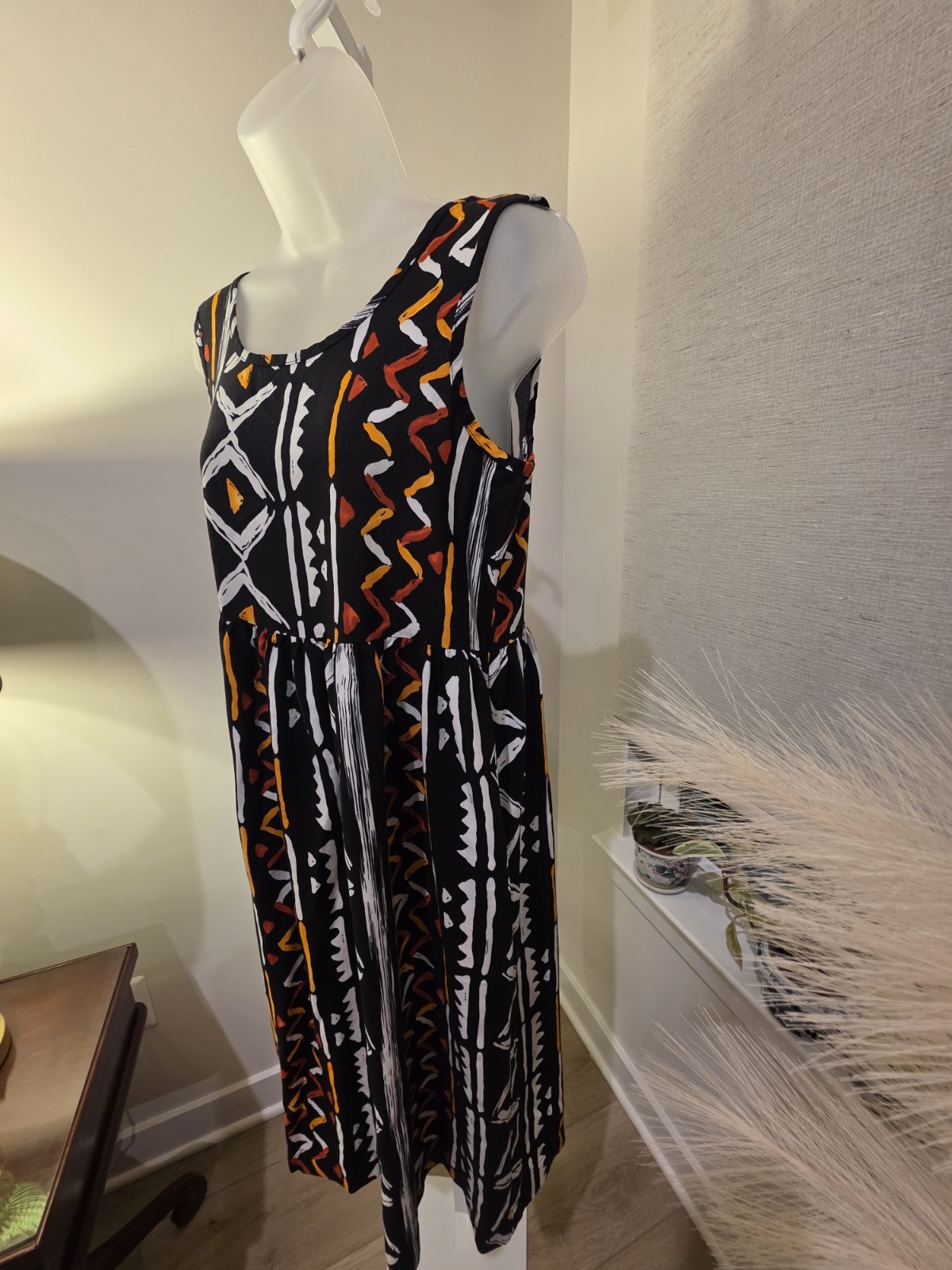 Midi Sun Dress Black Orange White Geometric Print Sleeveless M VTG