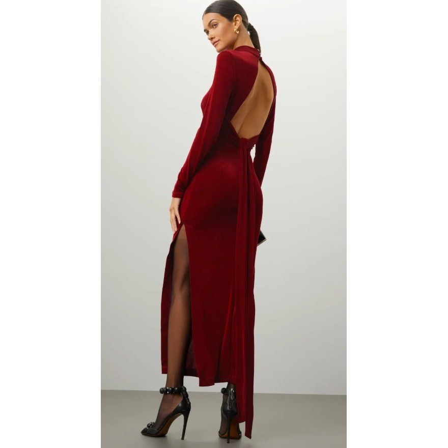 Bardot Ellis Maxi Dress Long Sleeve Backless Burgundy Sz Medium *READ FLAW*