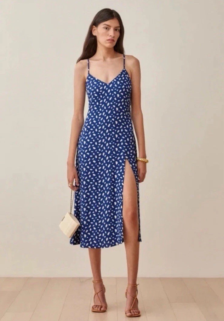 Reformation Crimini Midi Spaghetti Strap V-Neck Dress in Blue Polka Dot Size 4
