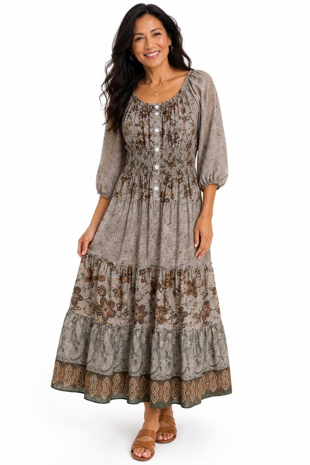 Women’s Boho Floral Paisley Maxi Dress Smocked Waist Button Front 3/4 Sleeve