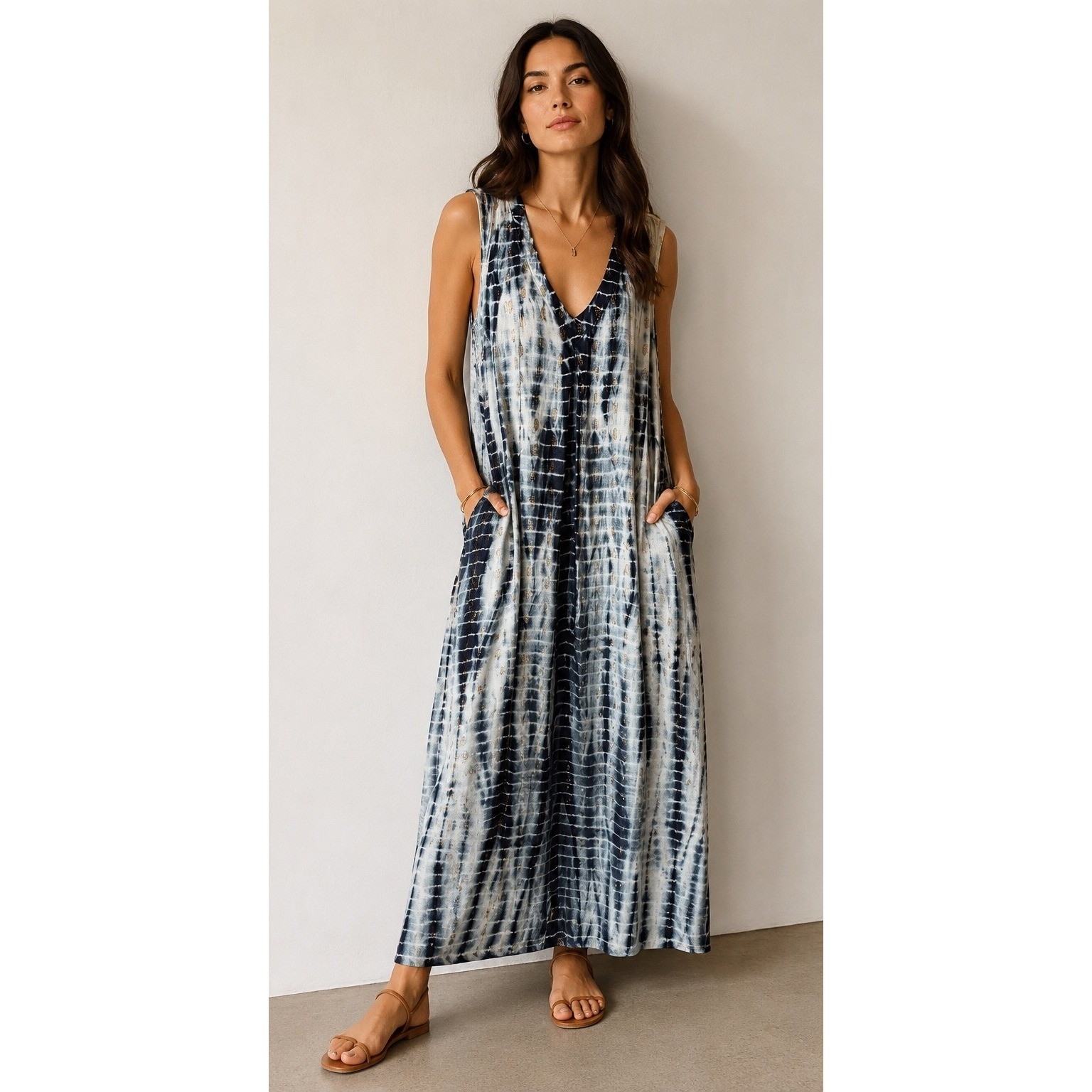Tribal Maxi Dress Women XL Blue White Tie Dye Metallic Boho Festival Hippie