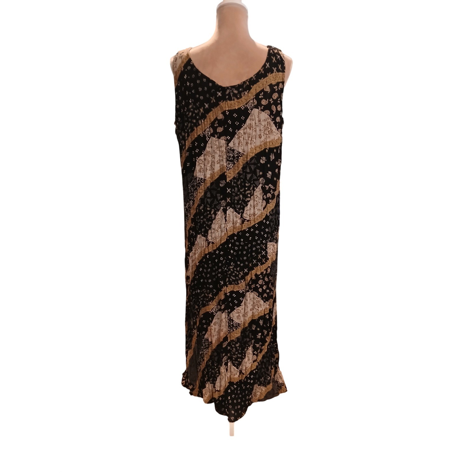 VTG XL Sleeveless Crinkle Patchwork Maxi Dress Black Tan Paisley Floral Boho