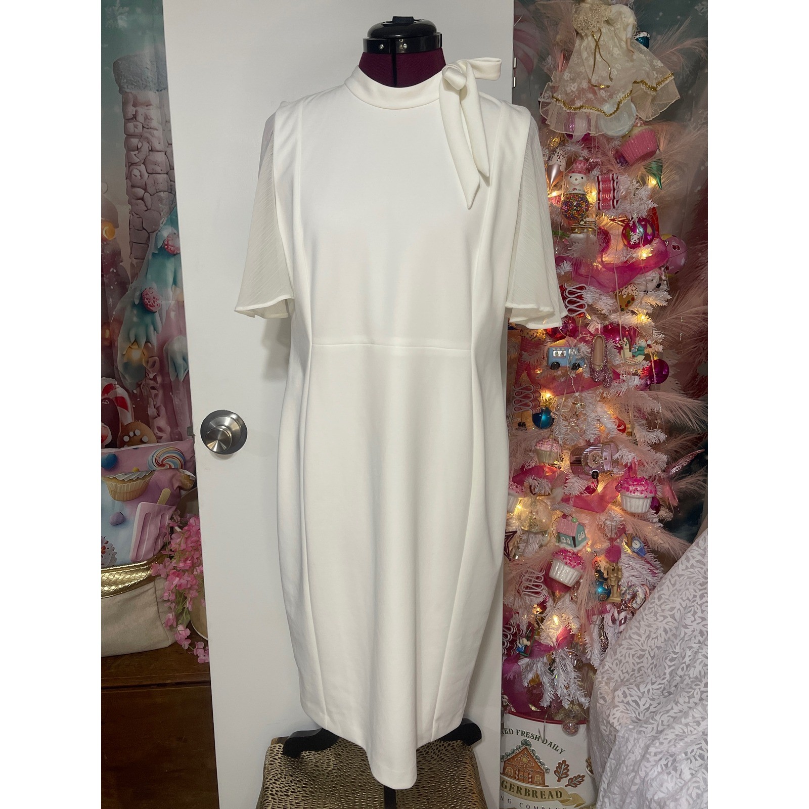 Calvin Klein Sheath Dress Women 16W White Good Tie Neck Flutter Sleeve D3CP2W