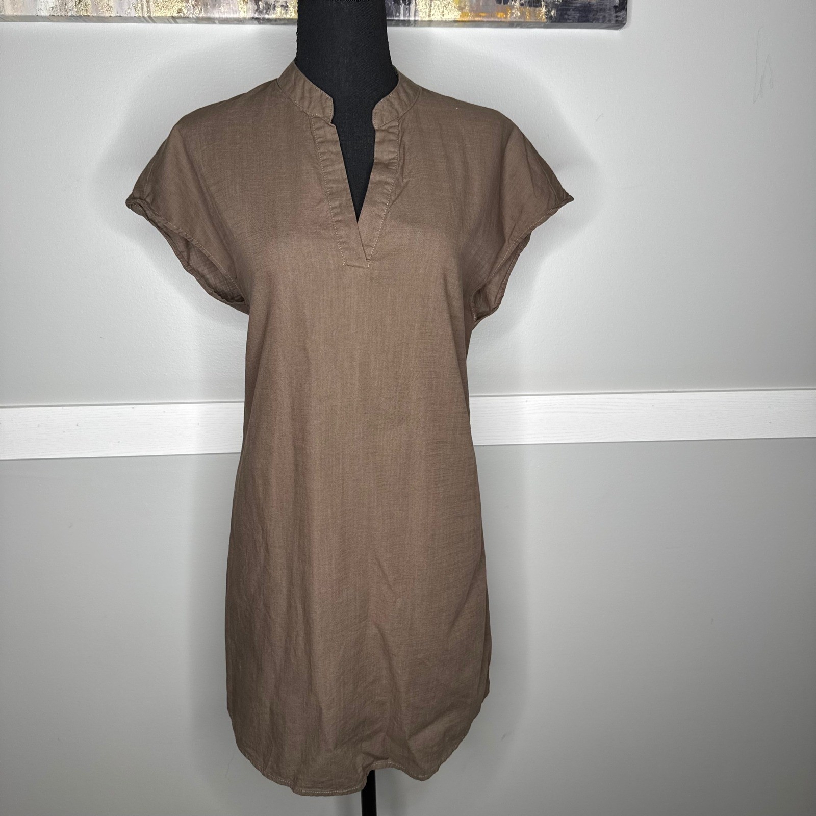 Shein Brown Cotton V-Neck Cap Sleeve Shift Dress Womens Large 8/10