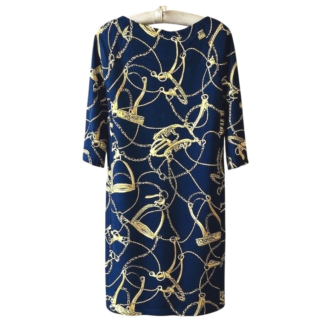J.McLaughlin XS Navy Blue Gold Equestrian Horse Bit Chain Shift Dress – CJ