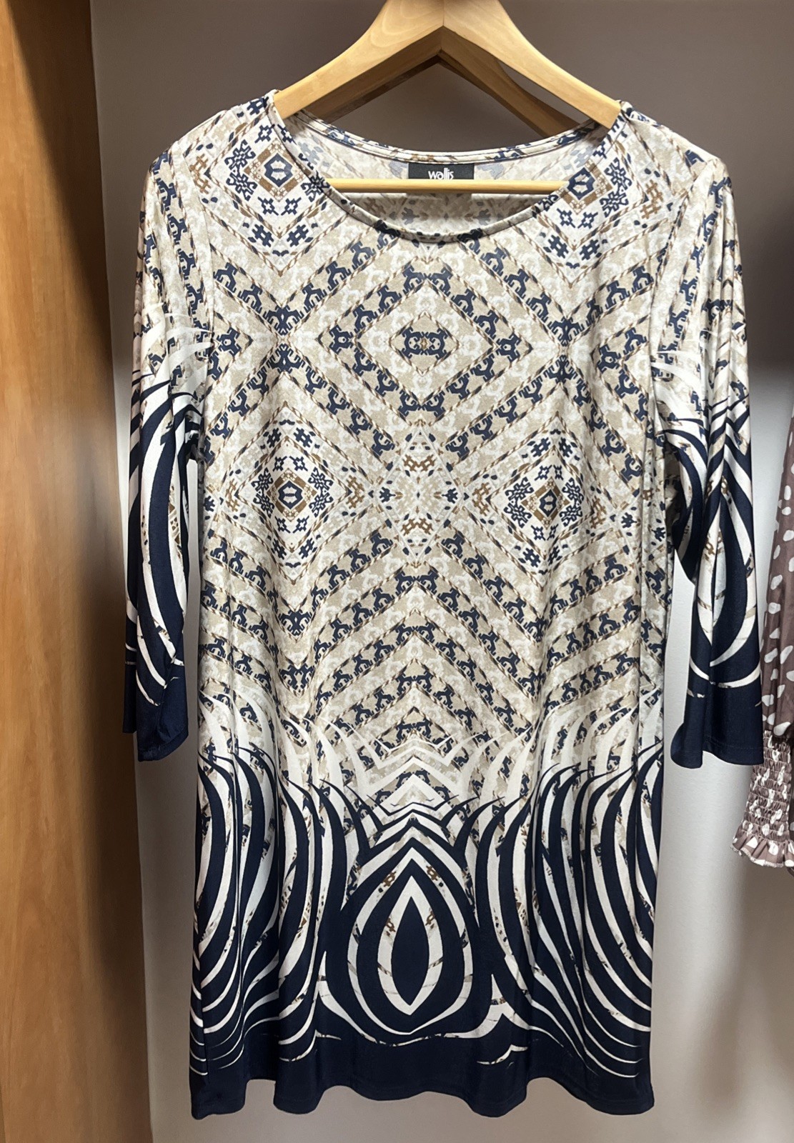 Wallis Tunic Mini Dress/ Long Top Size Large 3/4 Sleeve Geometric Navy Worn Once