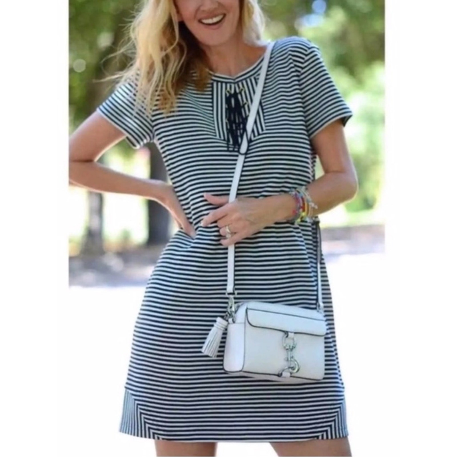 CAbi Blue Stripe Lace Up Dress Nautical Coastal Vacation Resortwear Pirate Mini