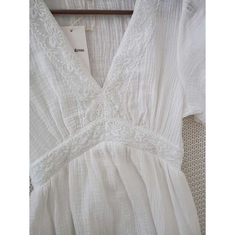 NWT Parisian White 100% Cotton Gauze Coastal Boho Maxi Dress M Paris Designer