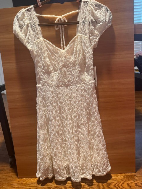 Cream Lace Puff Sleeve Dress with Back Tie