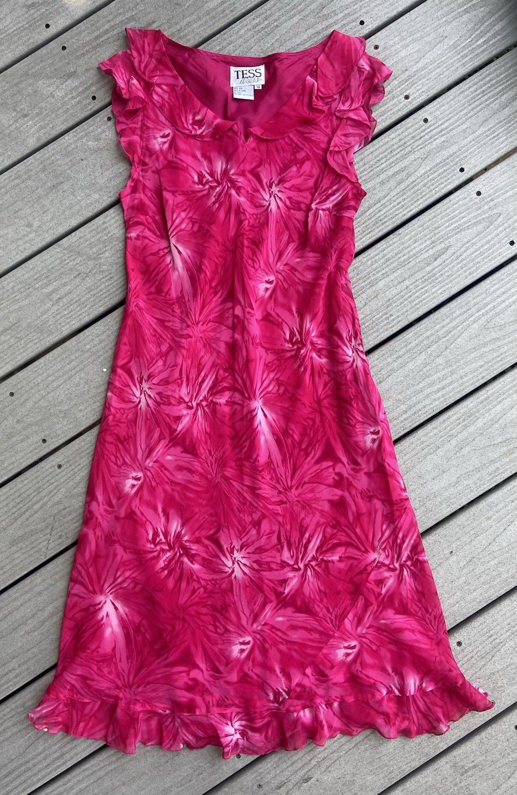 TESS Dress 100% Silk Pink Floral Print Ruffle Hem Y2K Sz 14 (fits M) Vintage