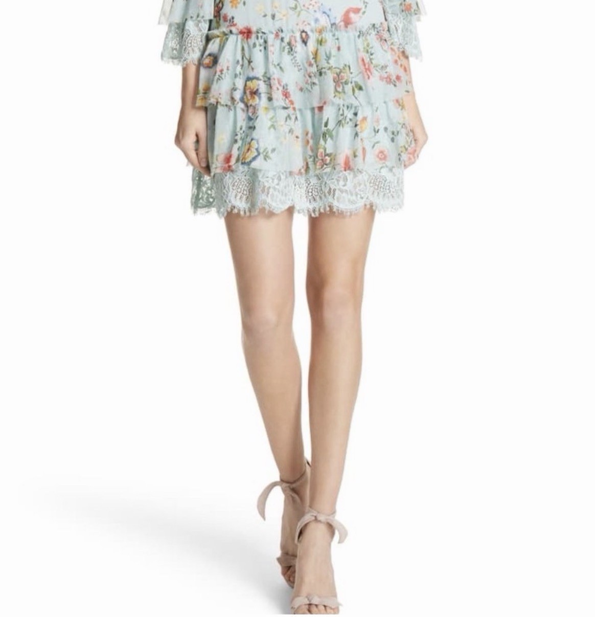 Alice + Olivia Santos Silk Floral Off Shoulder Lace Ruffle Mini Dress 4 NWT