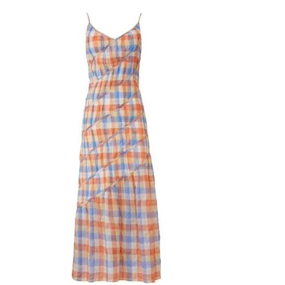 Rejina Pyo Checked Print Maria Maxi Slip Dress 6 Sleeveless V-Neck Crinkled