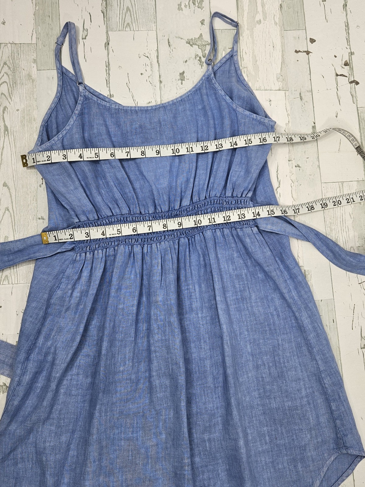 Bella Dahl Belted Smocked Back Linen Dress Womens Medium Blue