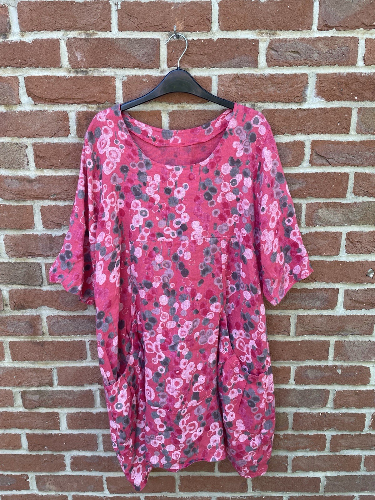 Made In Italy 100% Linen Balloon Dress One Size Pink Pattern Oversized Pockets