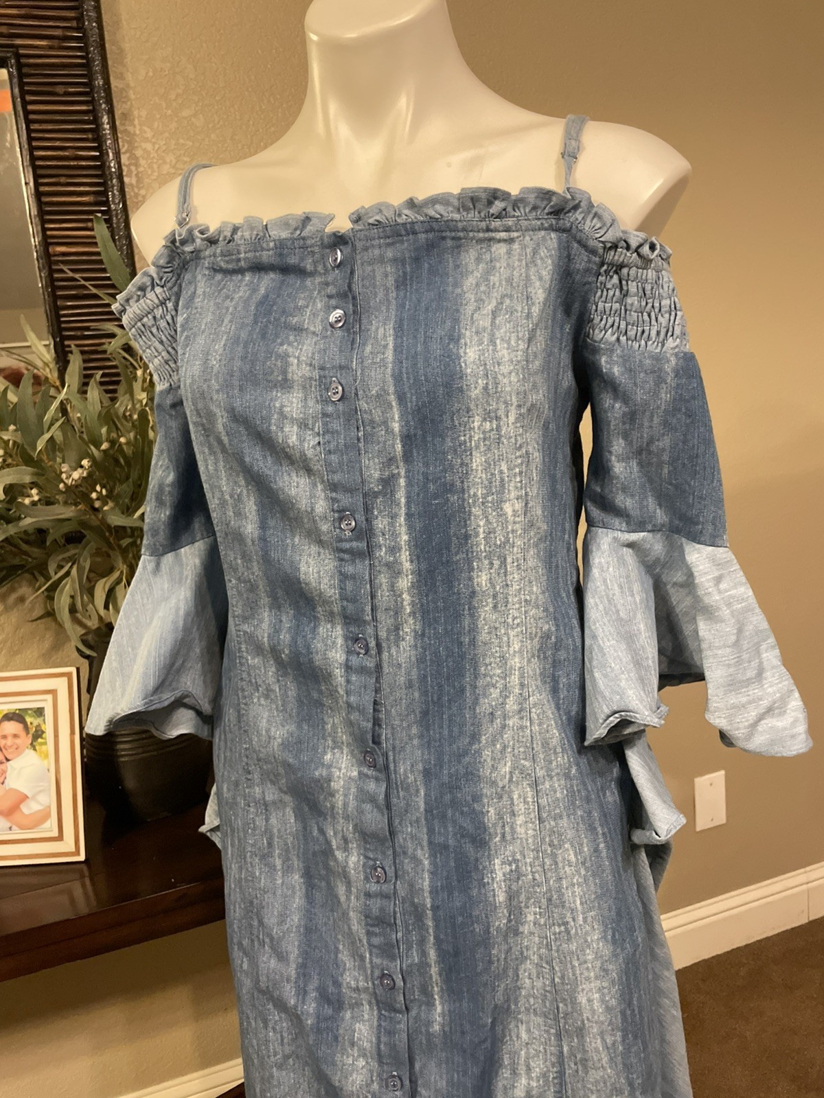TOV Distressed Denim Blue Button Down Maxi Long Dress Size 44