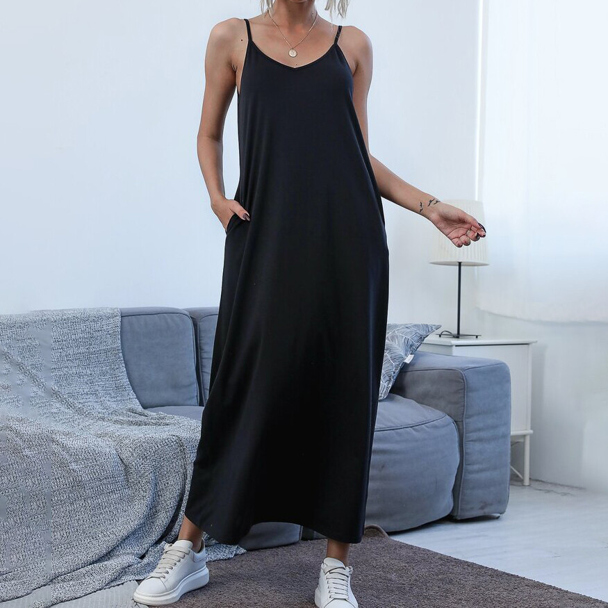 ON SALE!! Casual Beach V-Neck Soft Jersey Cami Long Maxi Tank Dress With Pocket