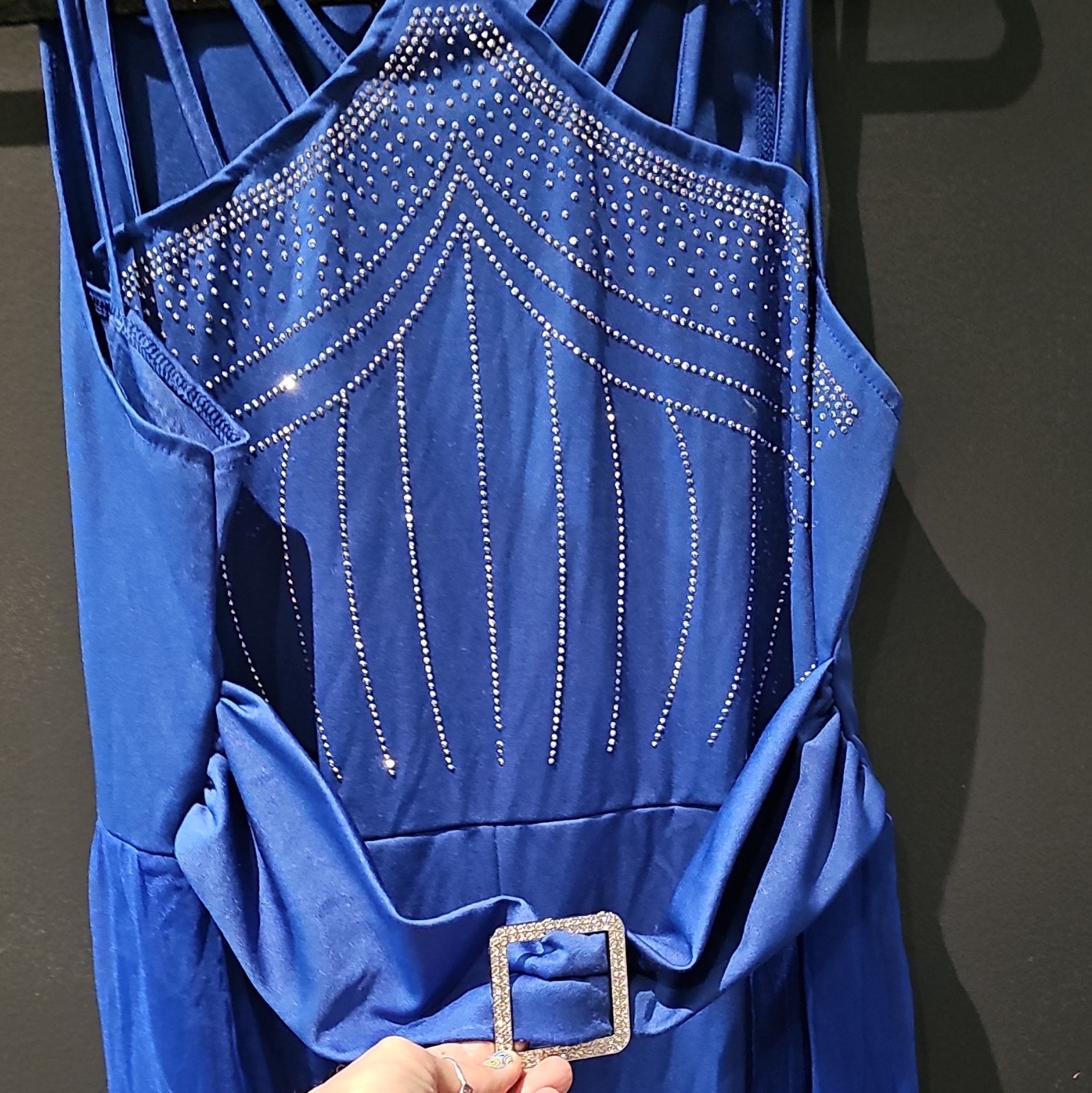 Women’s Blue Halter Maxi Jumpsuit Rhinestone Buckle Chiffon Polyester L Formal