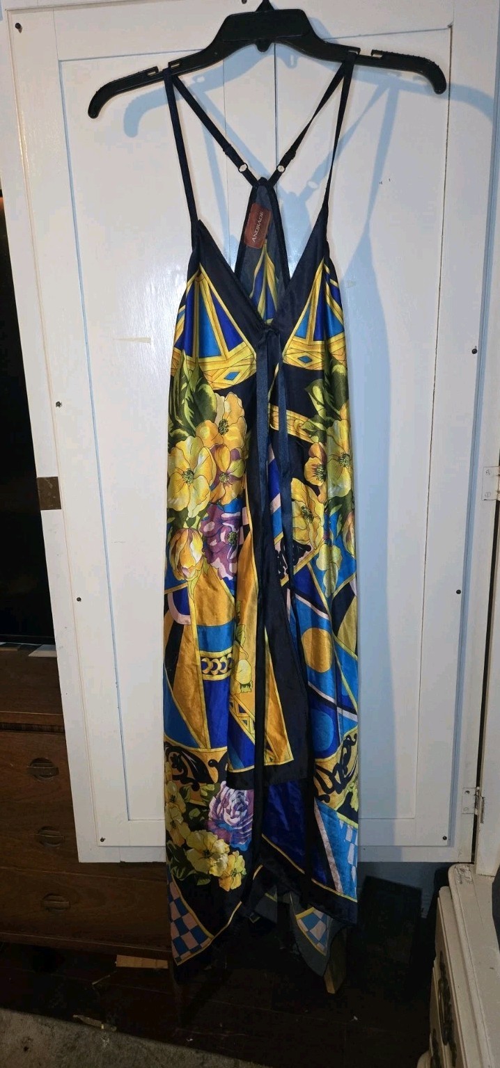 Andrade Scarf Print Handkerchief Slip Dress Large Asymmetrical Vibrant Floral