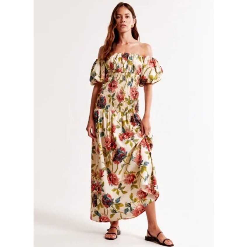 Abercrombie & Fitch Smocked Drop-Waist Puff Sleeve Floral Maxi Dress Size MP