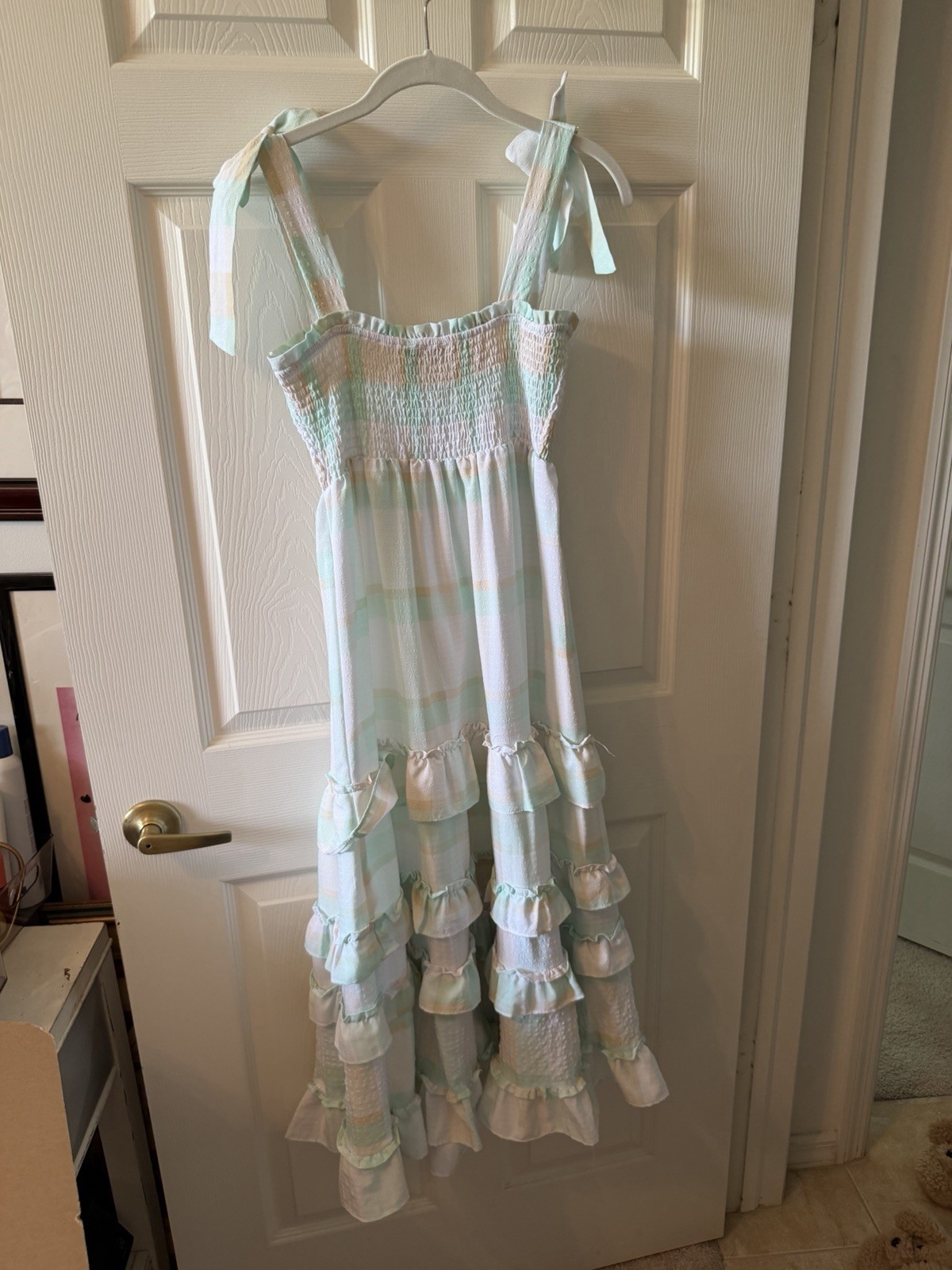 MON RIVR White Light Blue Striped Square Neck Smocked Ruffle Midi Dress S