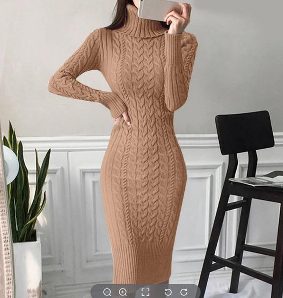 Women Autumn Winter Slim High Neck Long Sleeves Long Dress Knitted Sweater Dress
