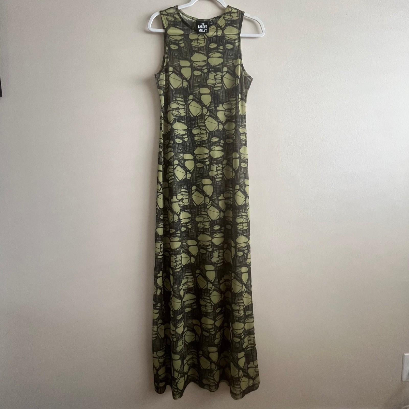 The Ragged Priest Mesh Maxi Dress Green Black Abstract Print Sleeveless UK 12