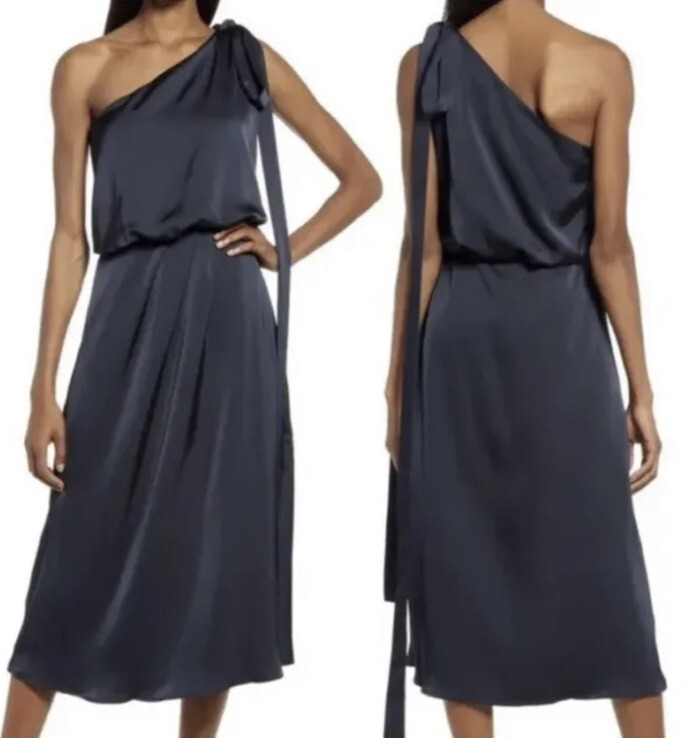 AMYLYNN Woman Navy Blue One Shoulder Satin Midi Dress~Size M