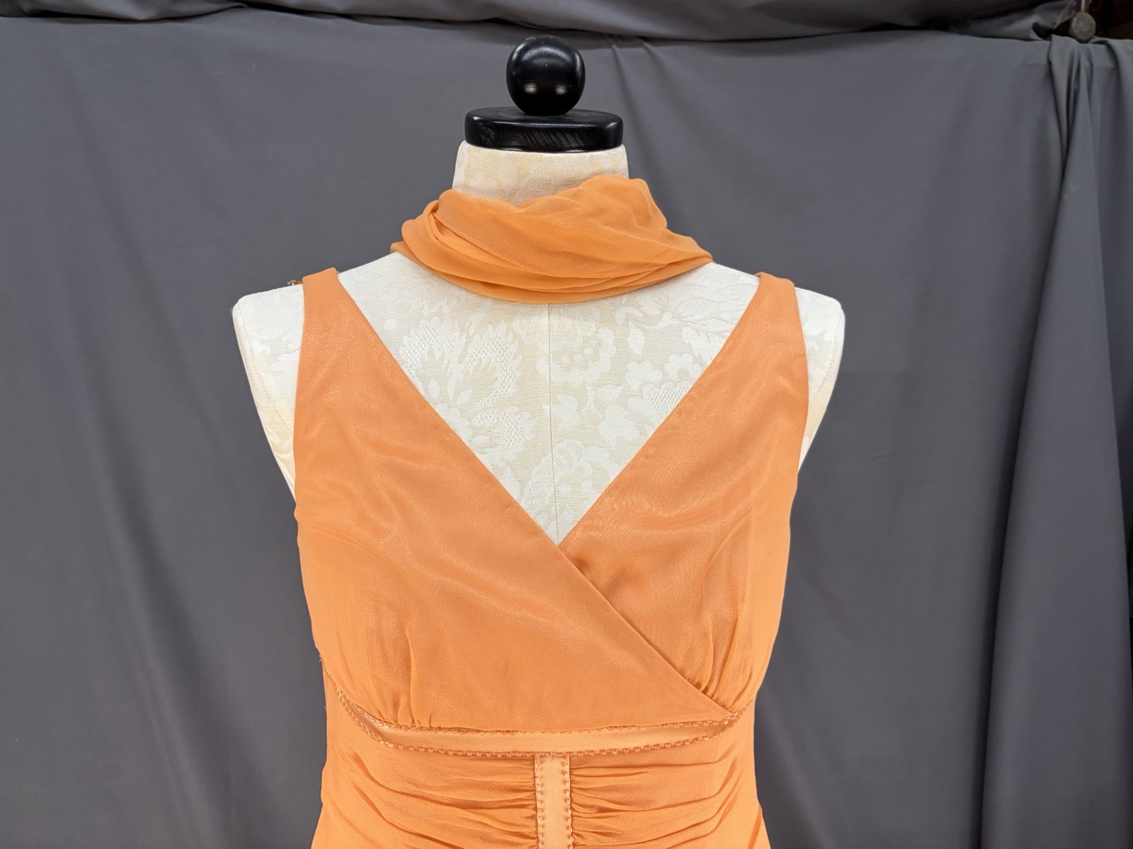 VTG CAILAN’D Orange Beaded Ruffled Midi Dress Size 16 with Matching Neck Scarf