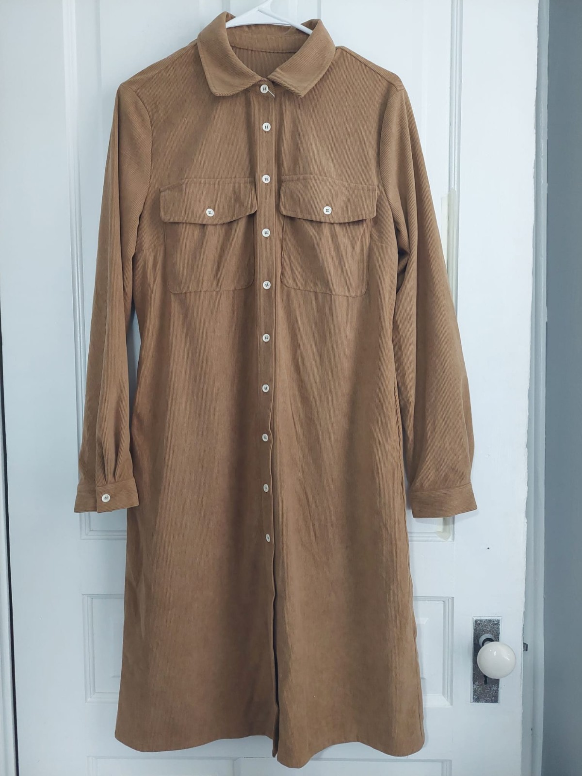 ChouYatou Women’s Corduroy Shirt Midi Dress w/Pockets Long Sleeve V Neck-S