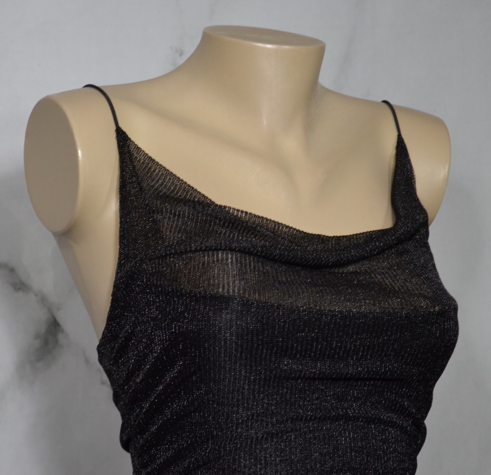 LUVALOT Shiny Black Mesh Spaghetti Strap Dress 4 Ruched Sides Draped Neckline