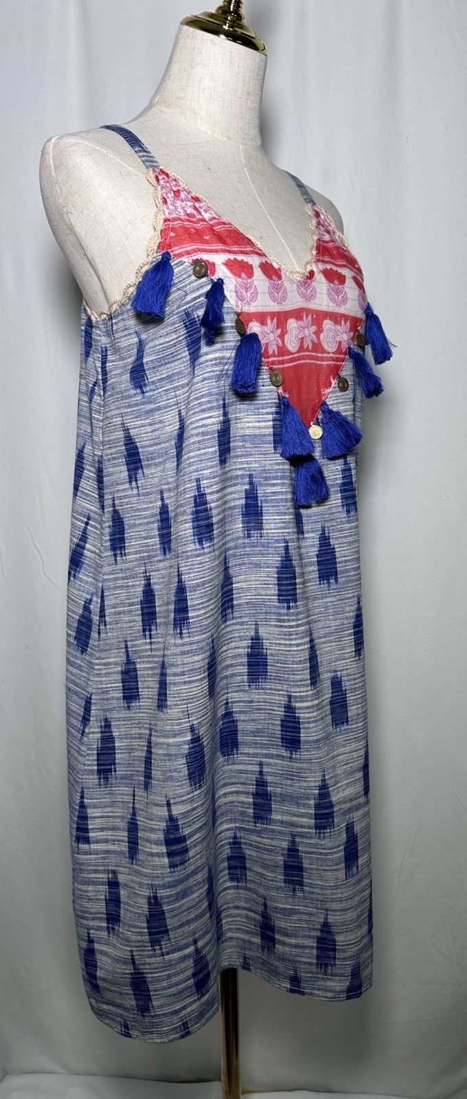 THML Shift Slip On Dress Large Cotton Spaghetti Boho Festival Hippie Tassells