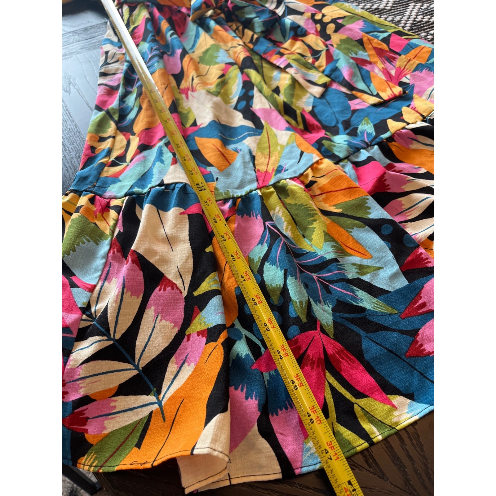 Maia Tropical Leaf Print Midi Dress Size 14W Puff Sleeve Smocked Back Belted