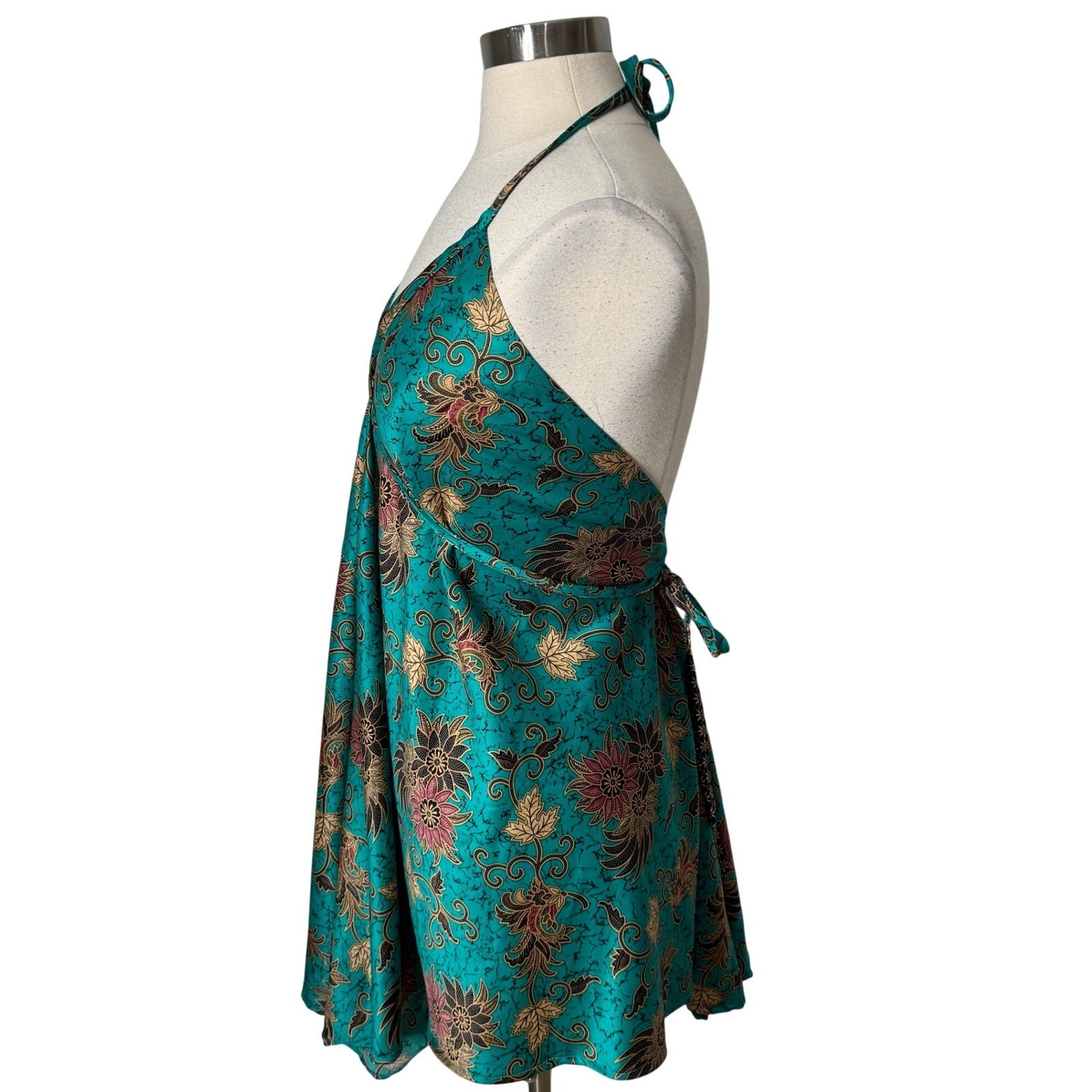 Teal Floral Batik Print Halter Top V Back Boho V-Neck Mini Dress Womens One Size
