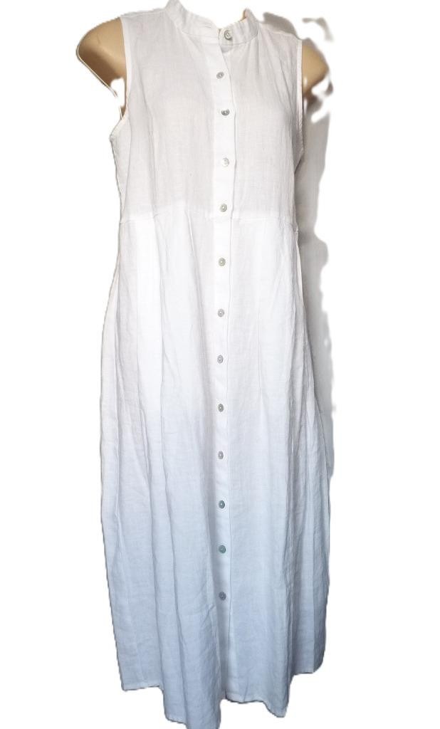 Eileen Fisher Mandarin Collar White Organic Linen Delave Dress m/ petite