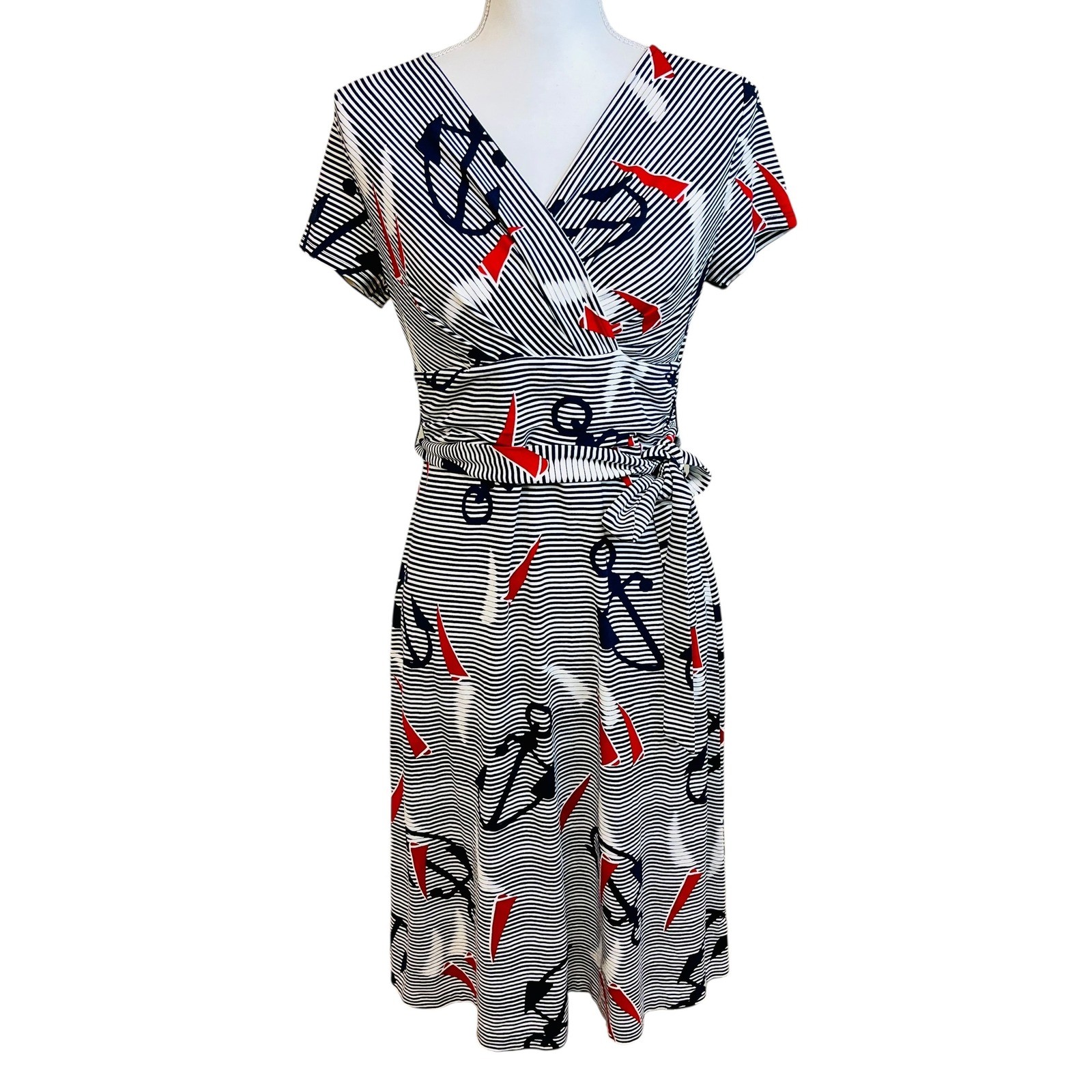 TALBOTS Striped Nautical Anchor Dress S P Fisherman Nautical Coastal Preppy
