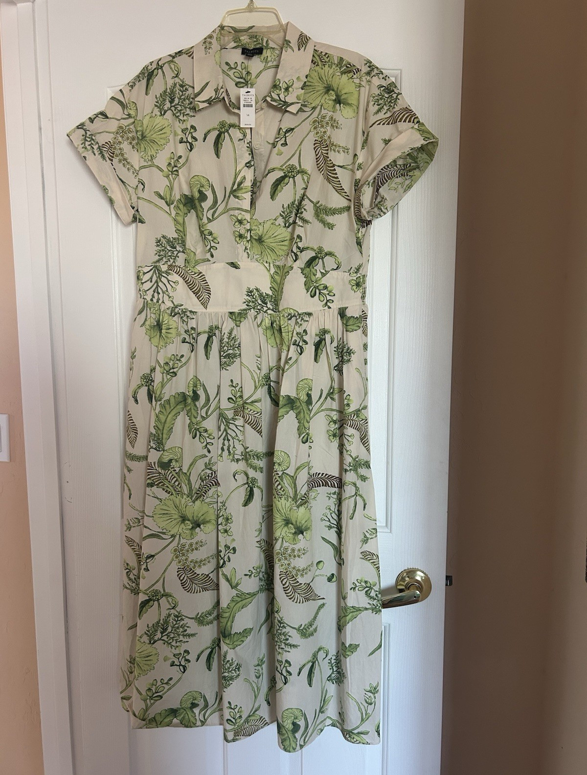 Talbots Women’s 14 Floral Beige/Green Cotton Shirt Dress Button Front Pockets