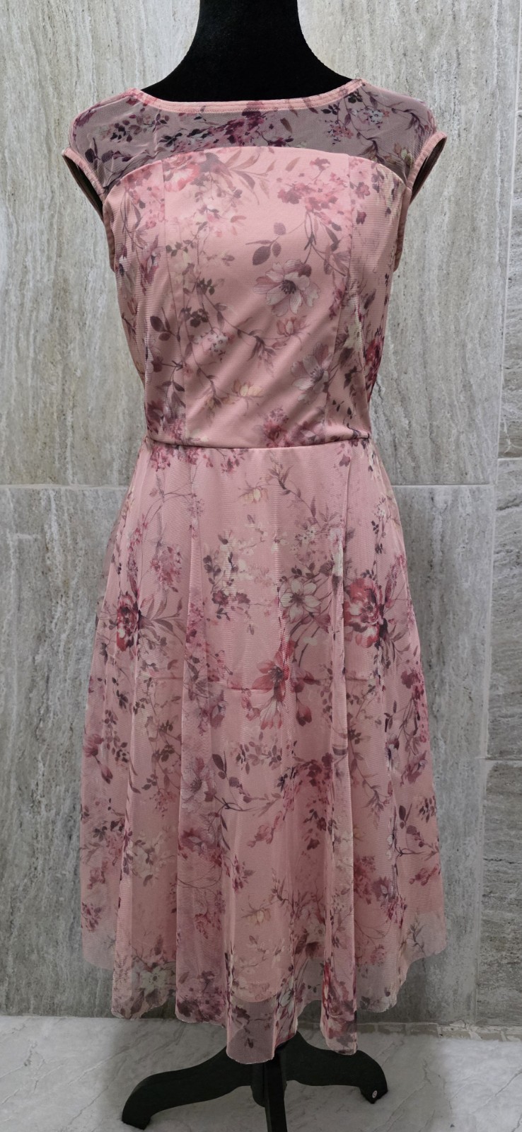 Candalite Petite Pink Floral Mesh Overlay Fit & Flare Midi Dress PS Keyhole