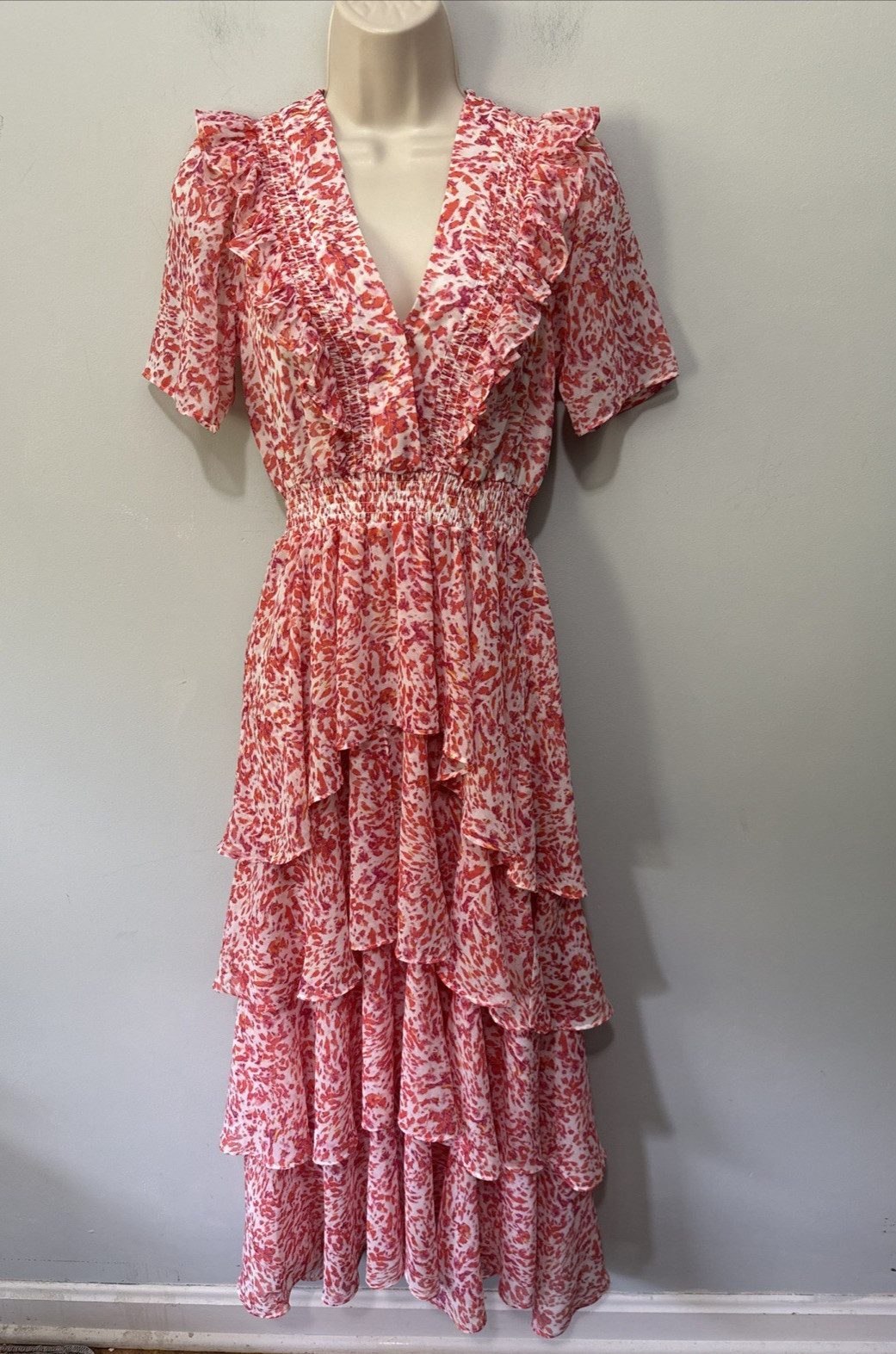 Hale Bob Dress Womens XS Red Floral Tiered Maxi Dainty Ruffle Ethereal Fairy