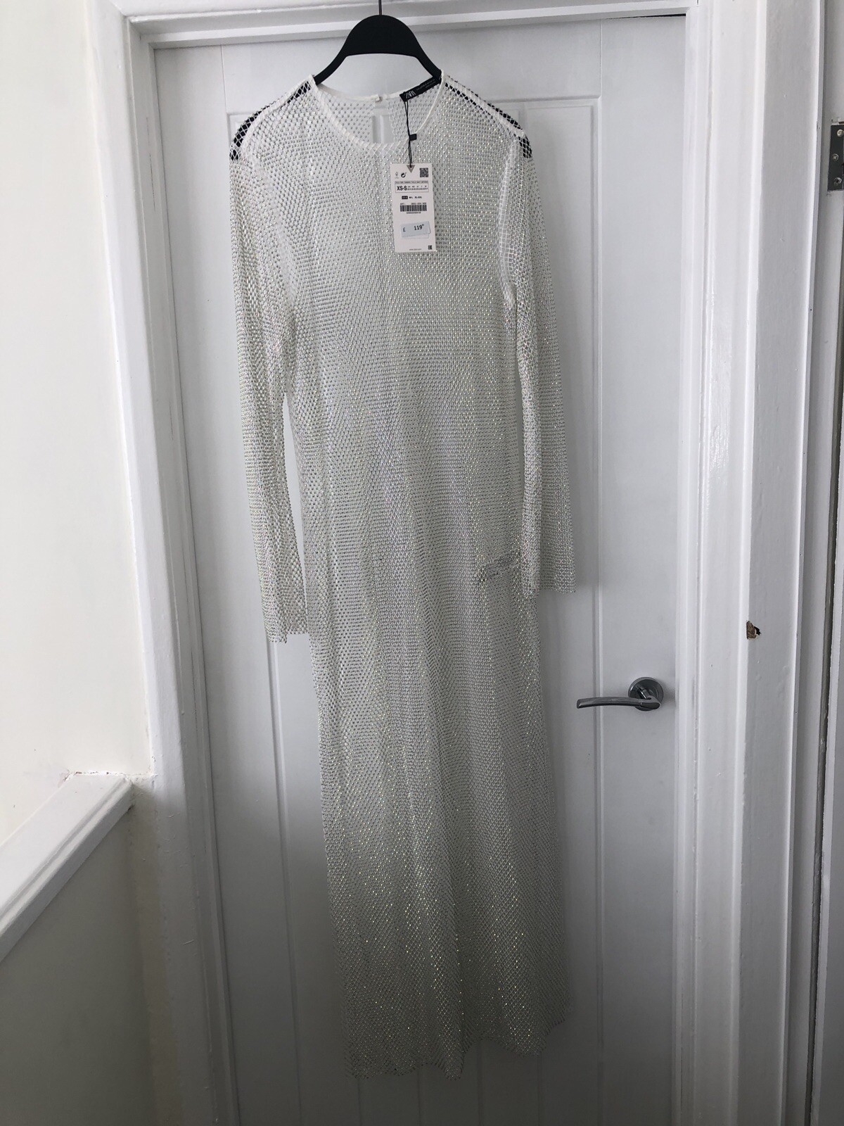 £120 ZARA SILVER RHINESTONE MESH midi maxi bodycon DRESS XS S 8 10 12 Cover Up
