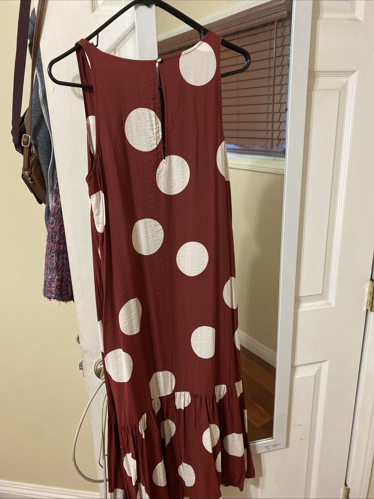 Anthropologie Dress Small Red Polka Dots Midi Drop Waist Tiered Pockets Preppy