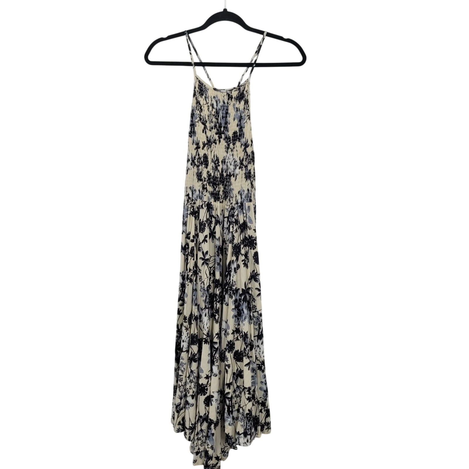 Lira Floral Cami Smocked Racerback Midi Dress Sz S Navy White Strappy Beach Boho
