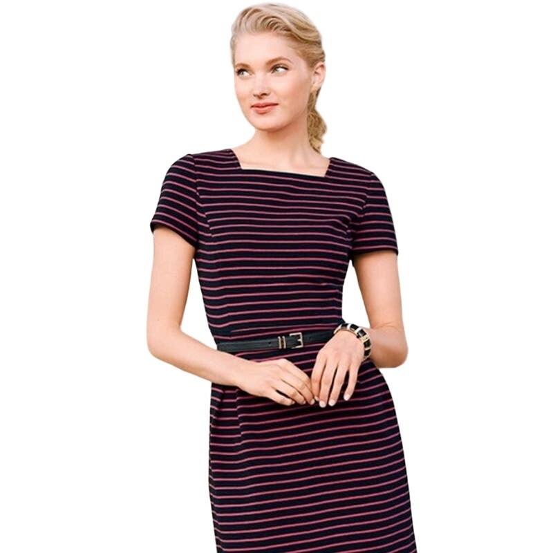 Womens Short Sleeve Square Neck Knit Sheath Dress Black Pink Striped Nautical 4P